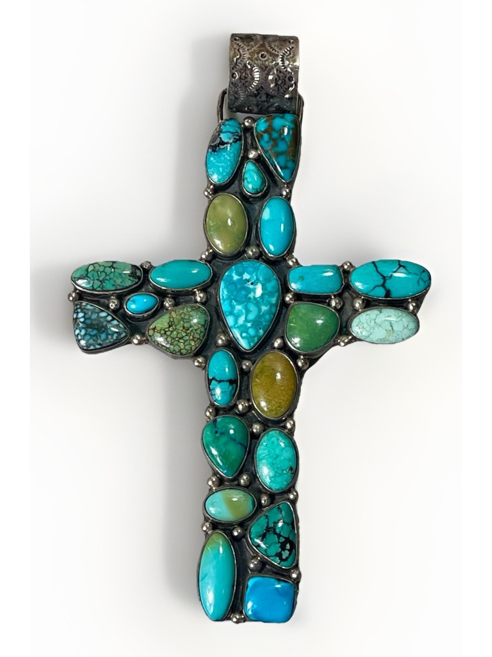 Vtg Zuni Turquoise Cluster Sterling Silver Cross Pendant By B Bowekaty 73.4g